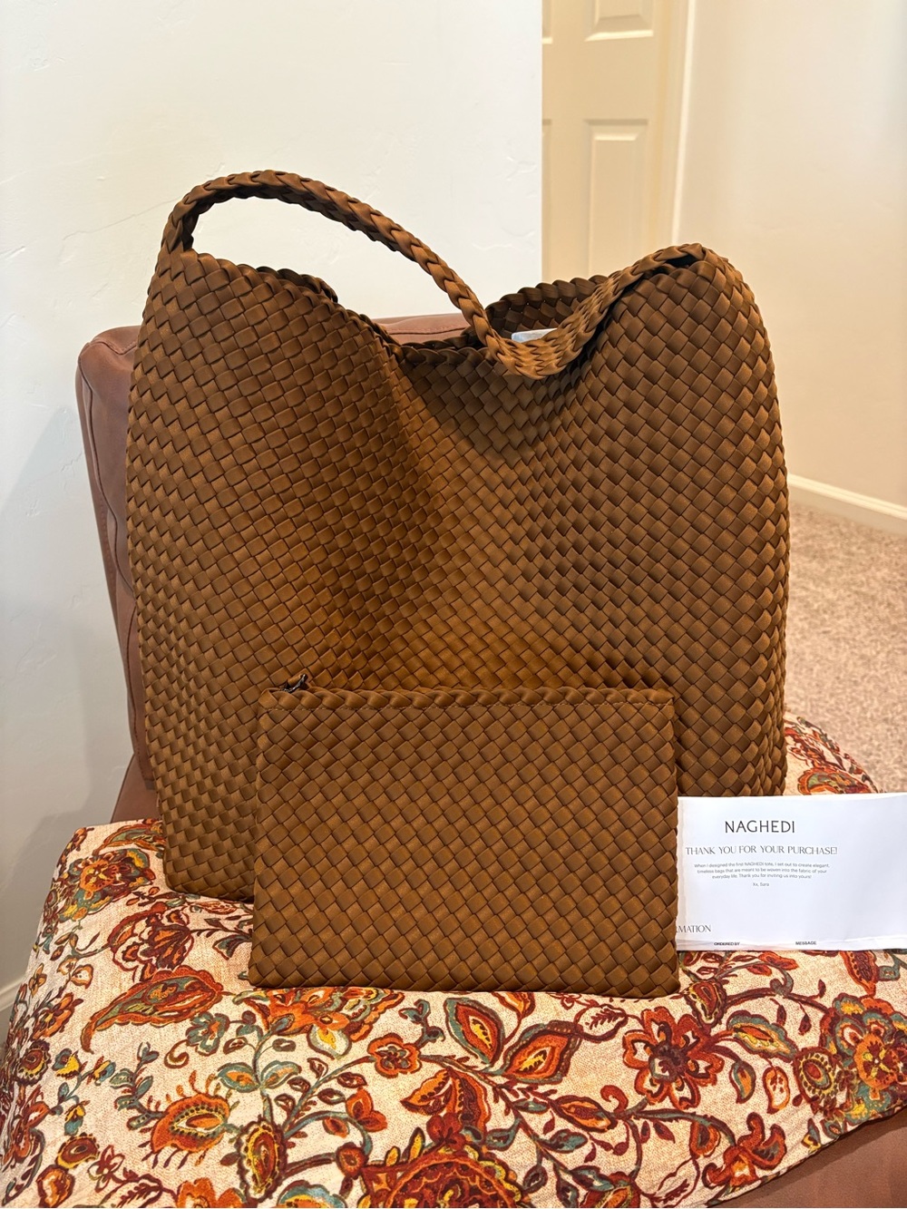 Naghedi Teak Woven Nomad Large Hobo Tote with Matching Pouch